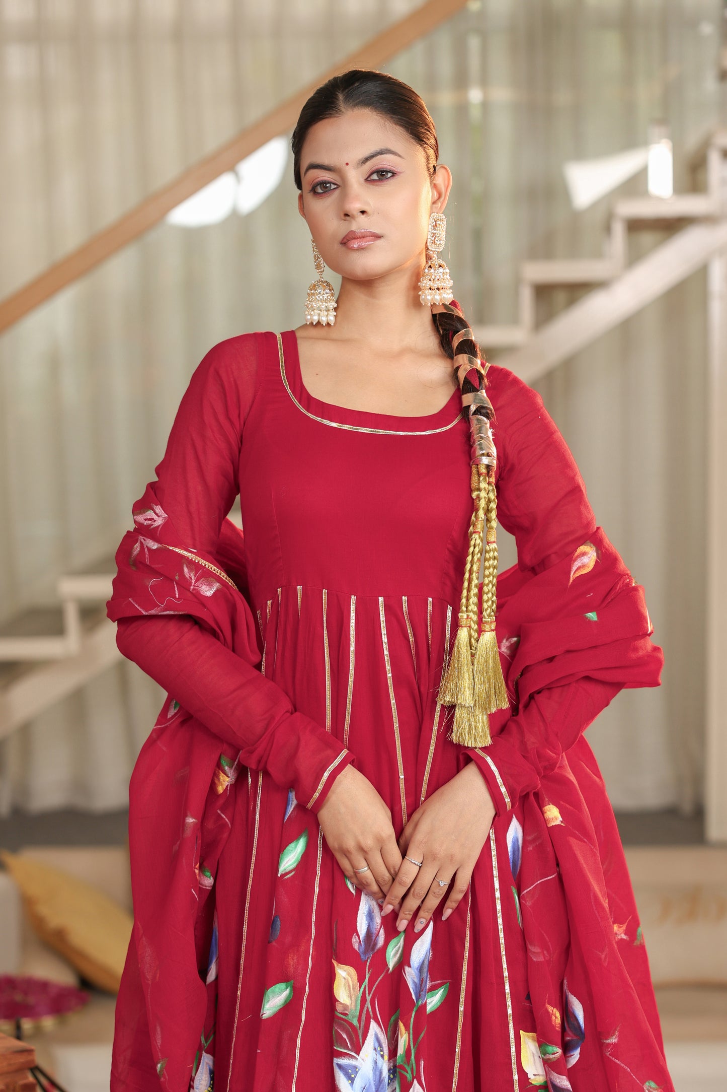 Crimson Bloom Hand painted Anarkali