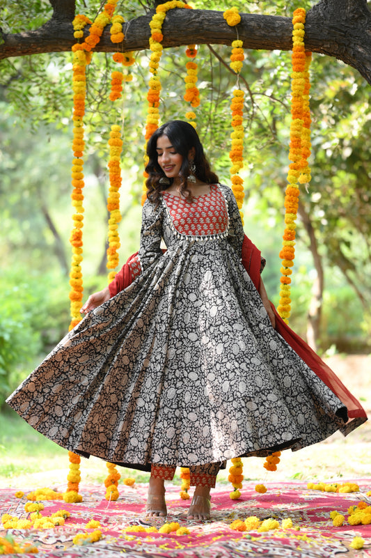 Black Bagru Print Handblock Anarkali