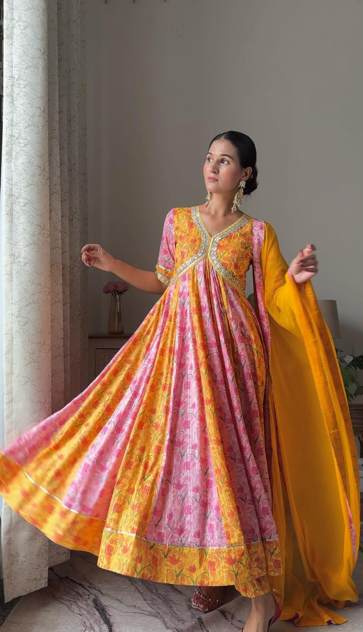 Yellow and Pink Lurex Anarkali – aarita