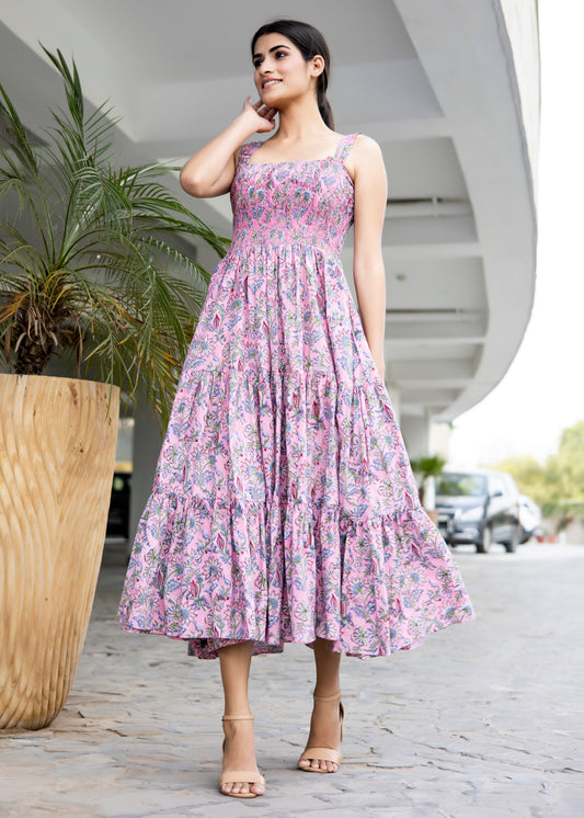 Plum Pink Hand-block Tiered Dress