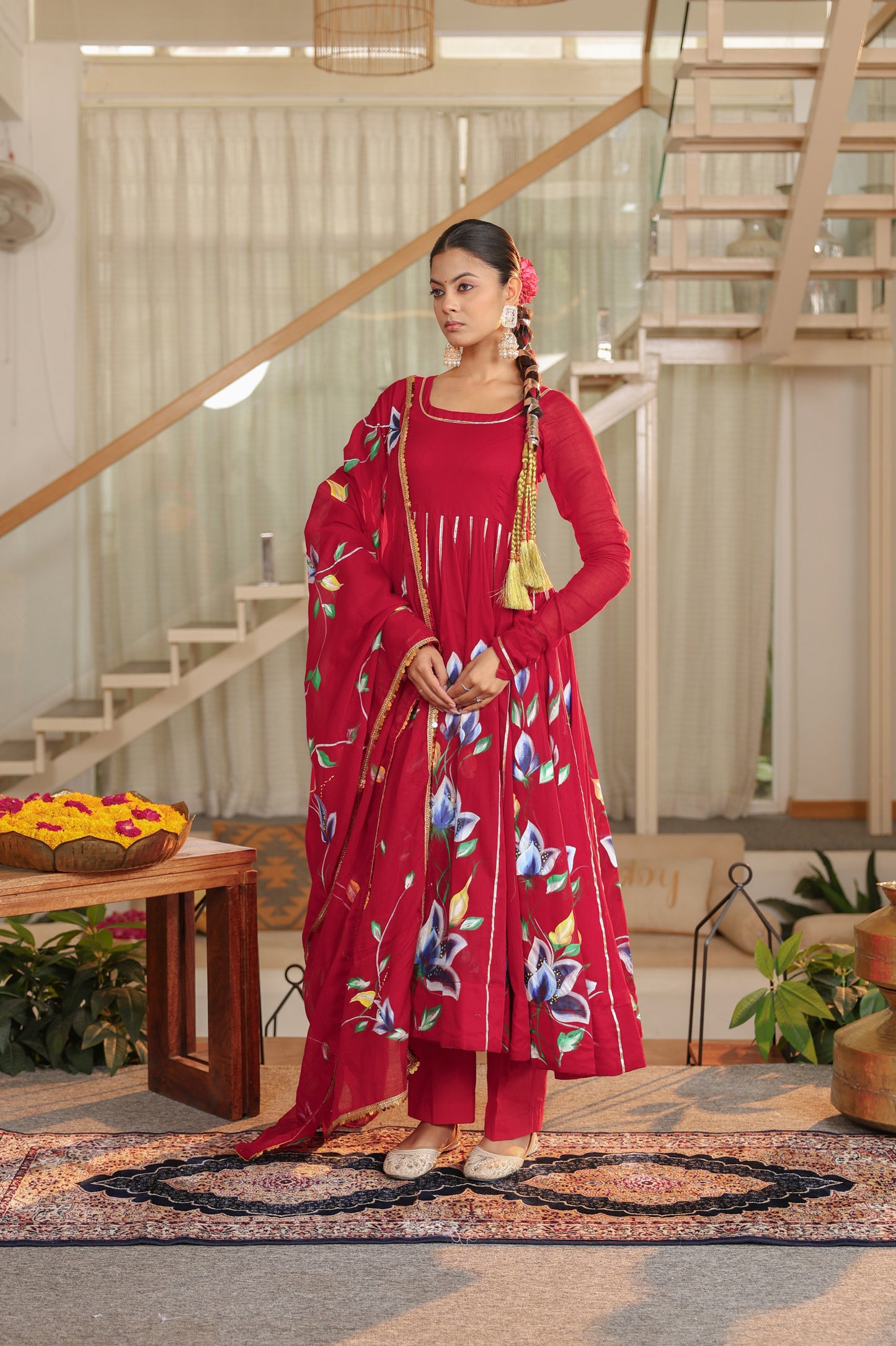 Crimson Bloom Hand painted Anarkali