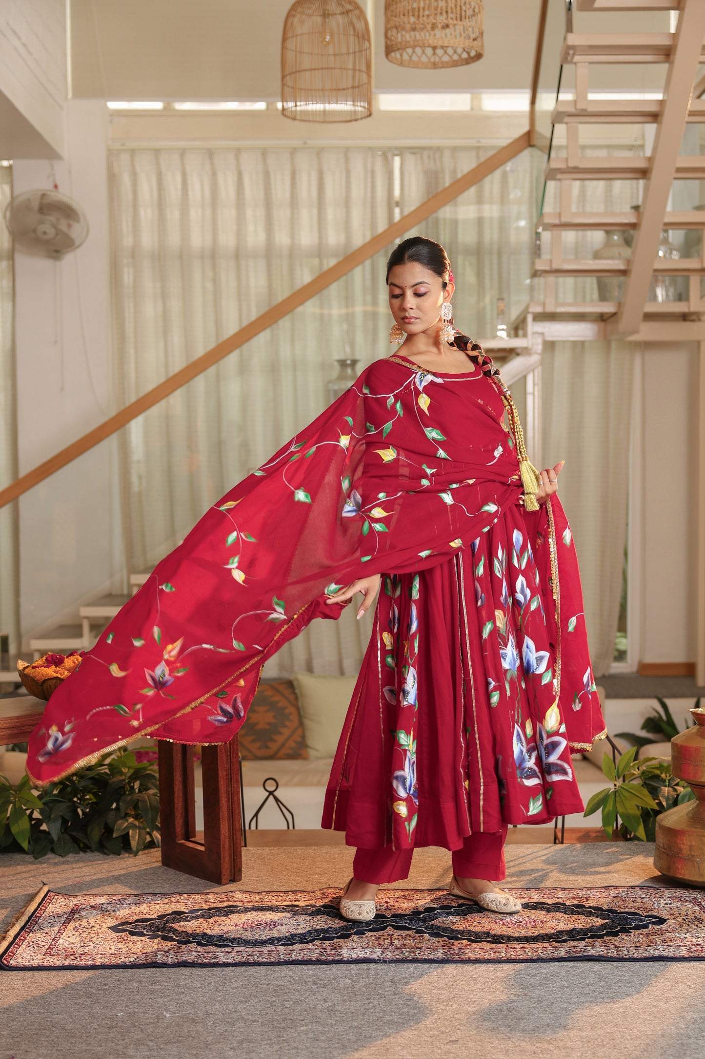 Crimson Bloom Hand painted Anarkali