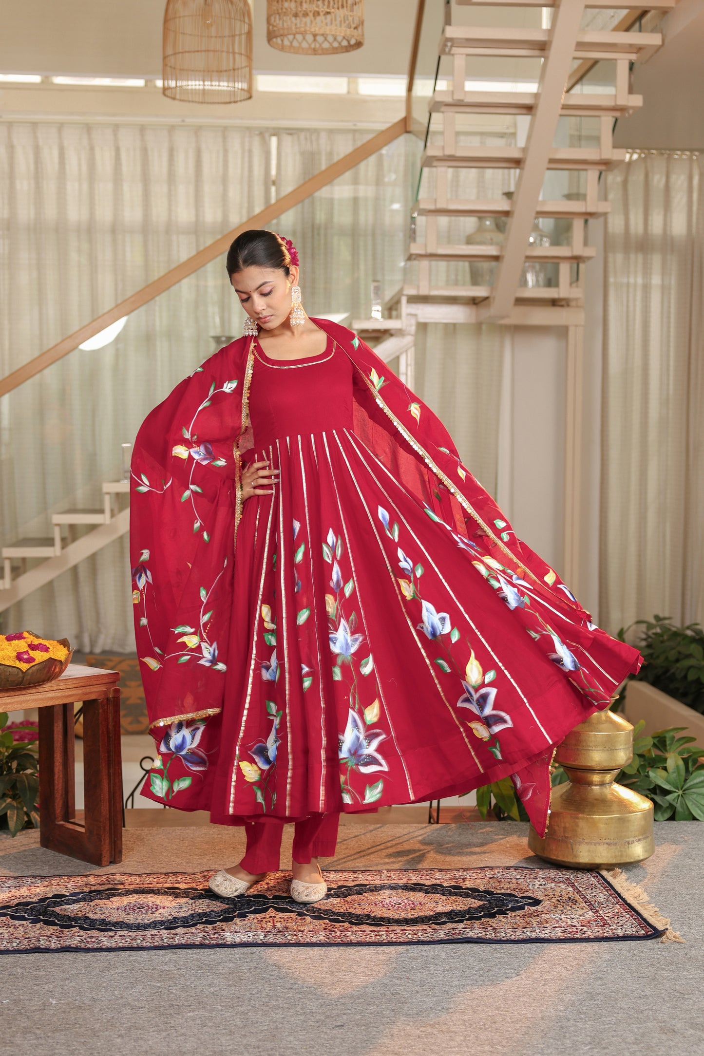 Crimson Bloom Hand painted Anarkali