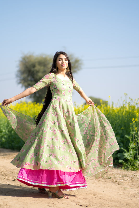 Mehandi Green Floral Printed Anarkali