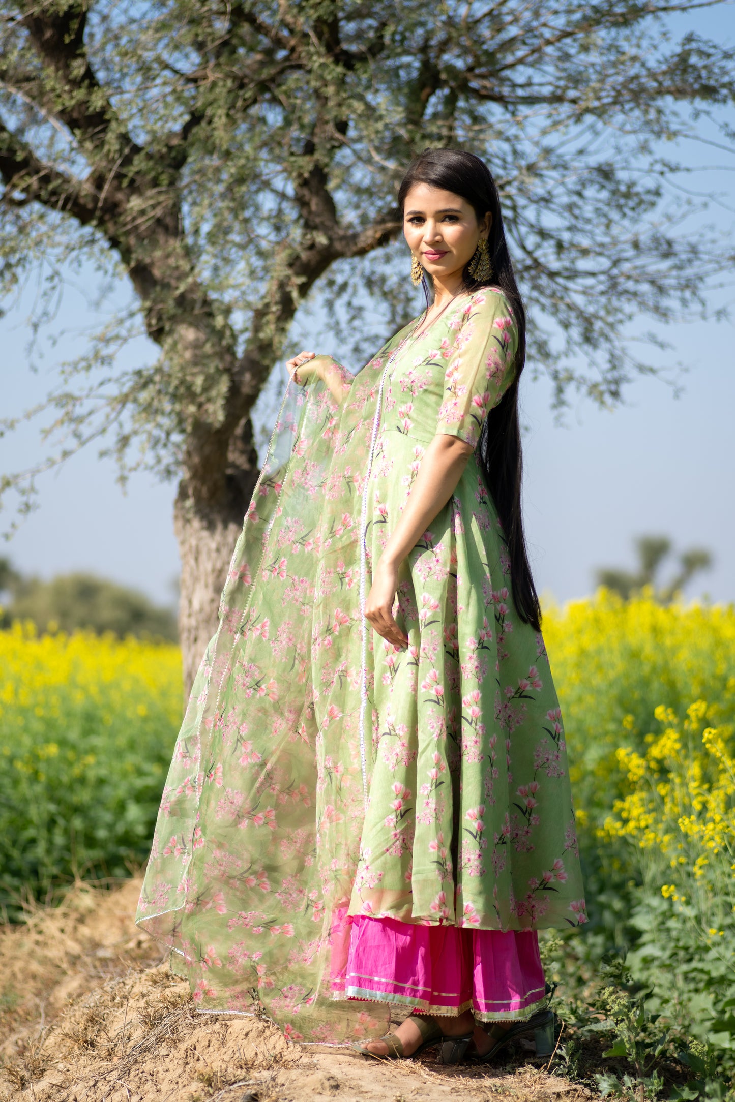 Mehandi Green Floral Printed Anarkali