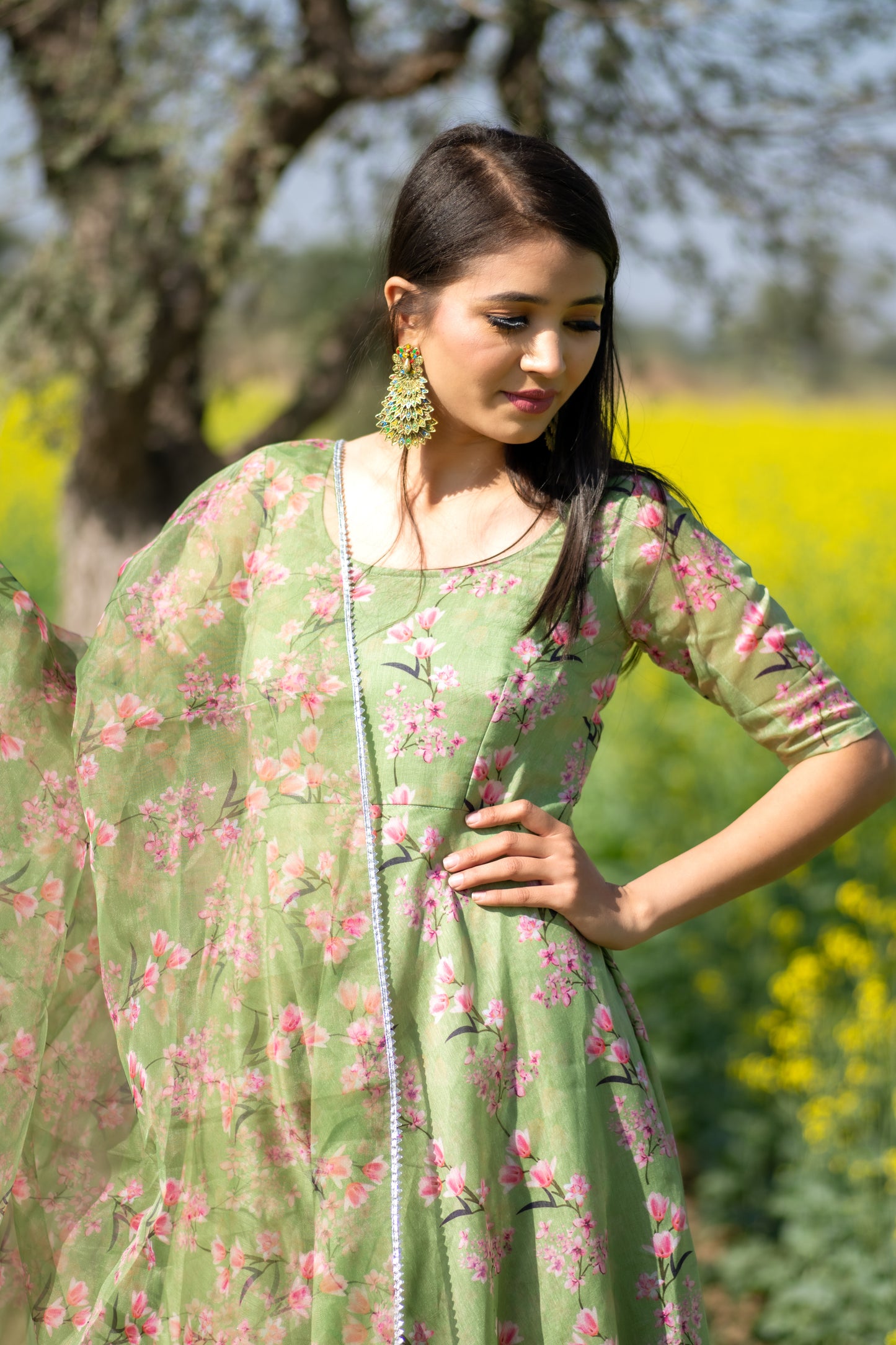 Mehandi Green Floral Printed Anarkali