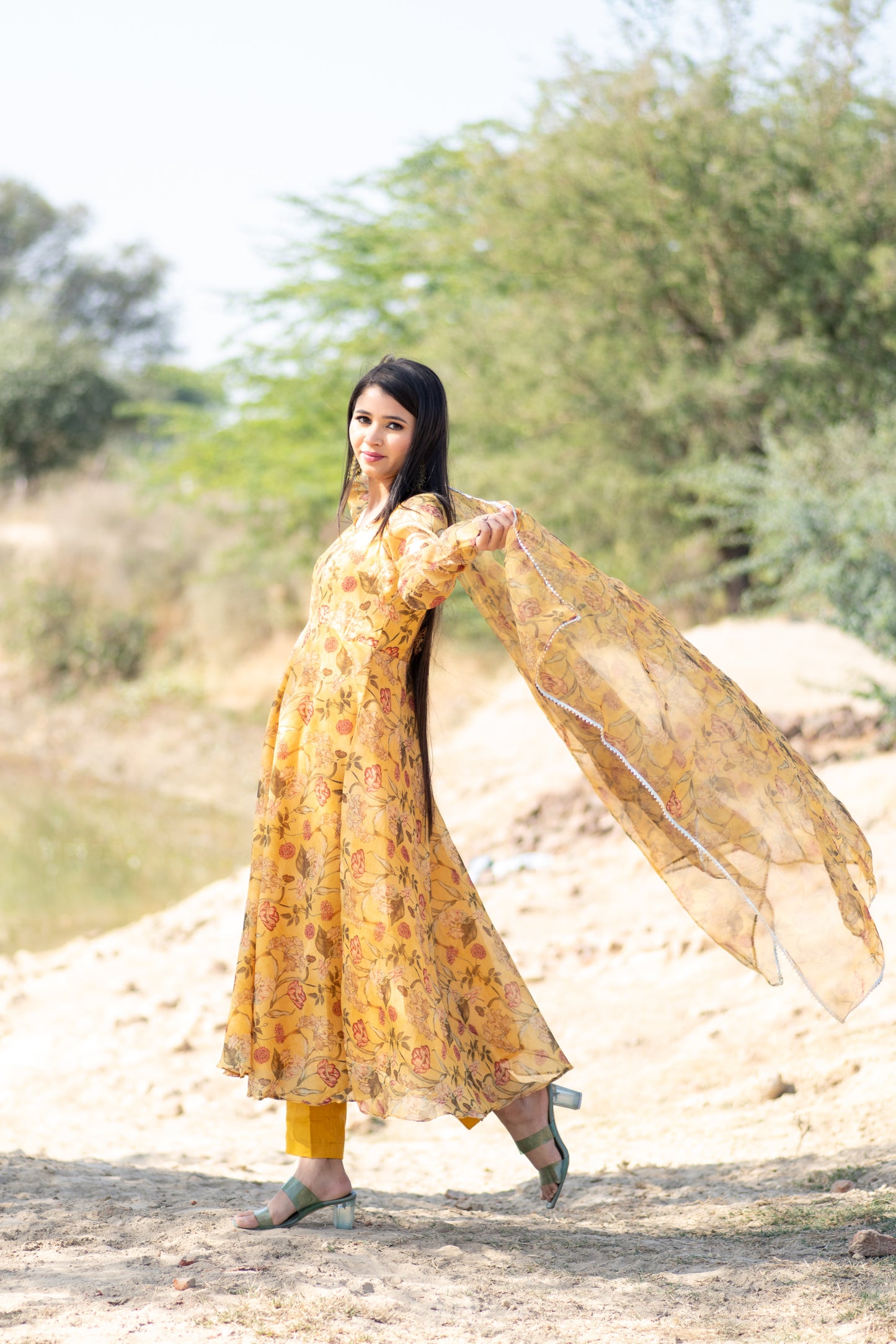 Mustard Yellow Floral printed Anarkali