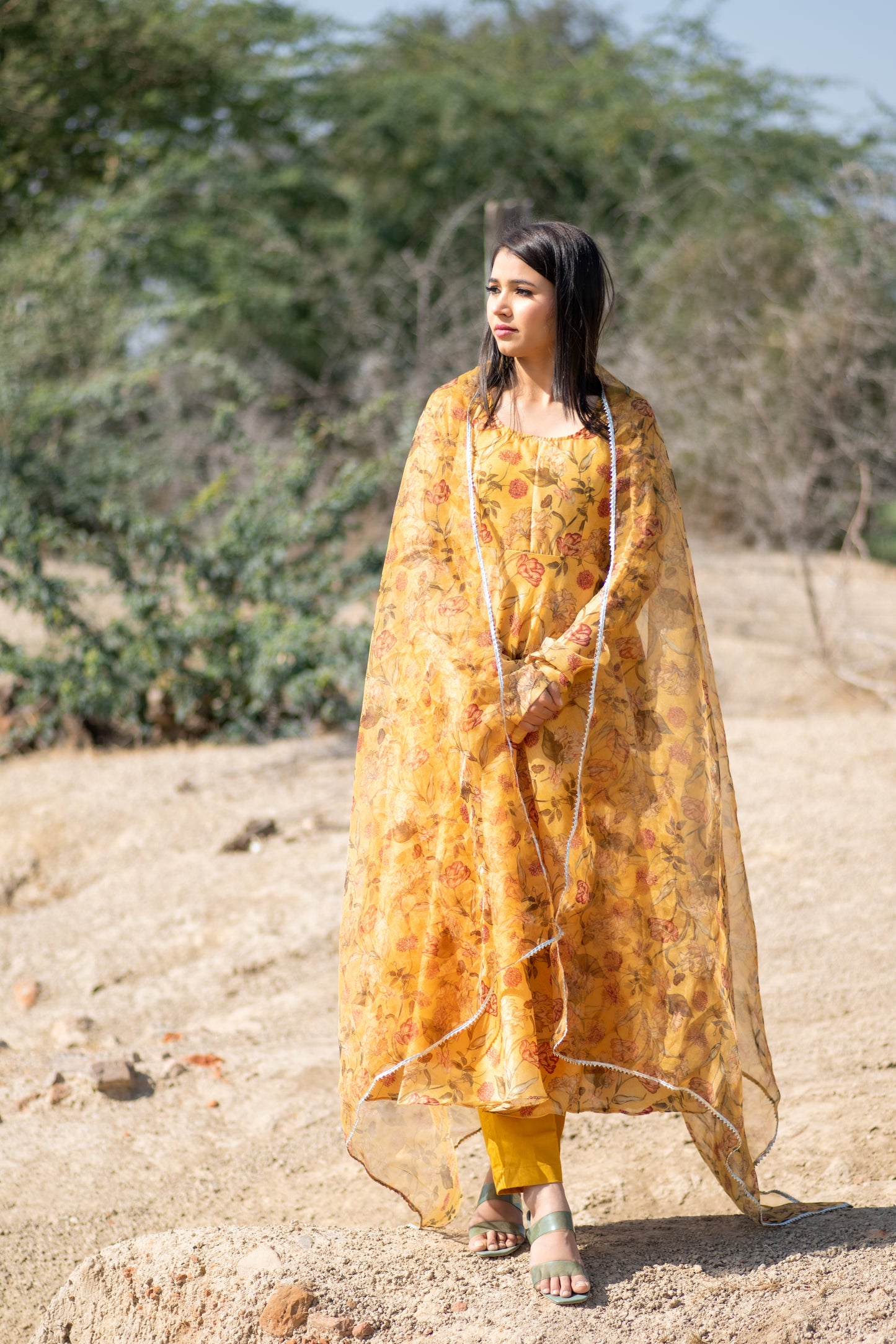 Mustard Yellow Floral printed Anarkali