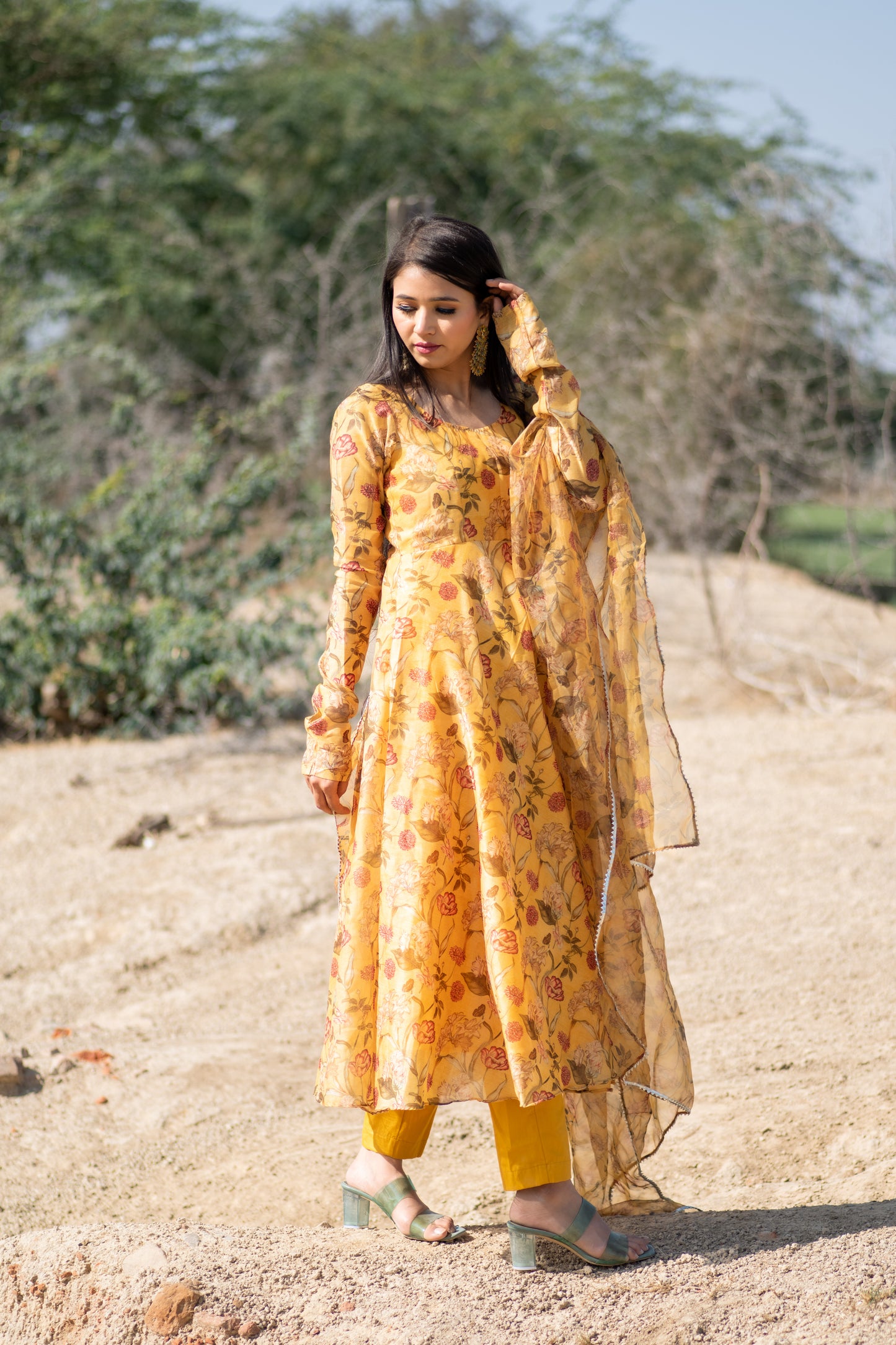 Mustard Yellow Floral printed Anarkali