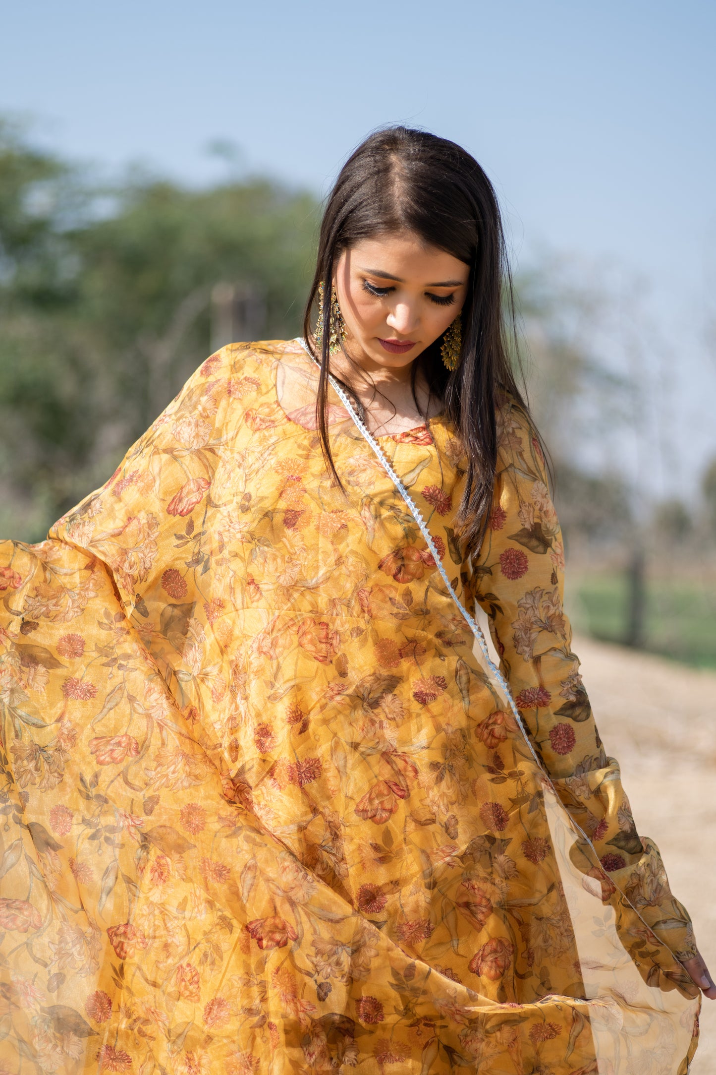 Mustard Yellow Floral printed Anarkali