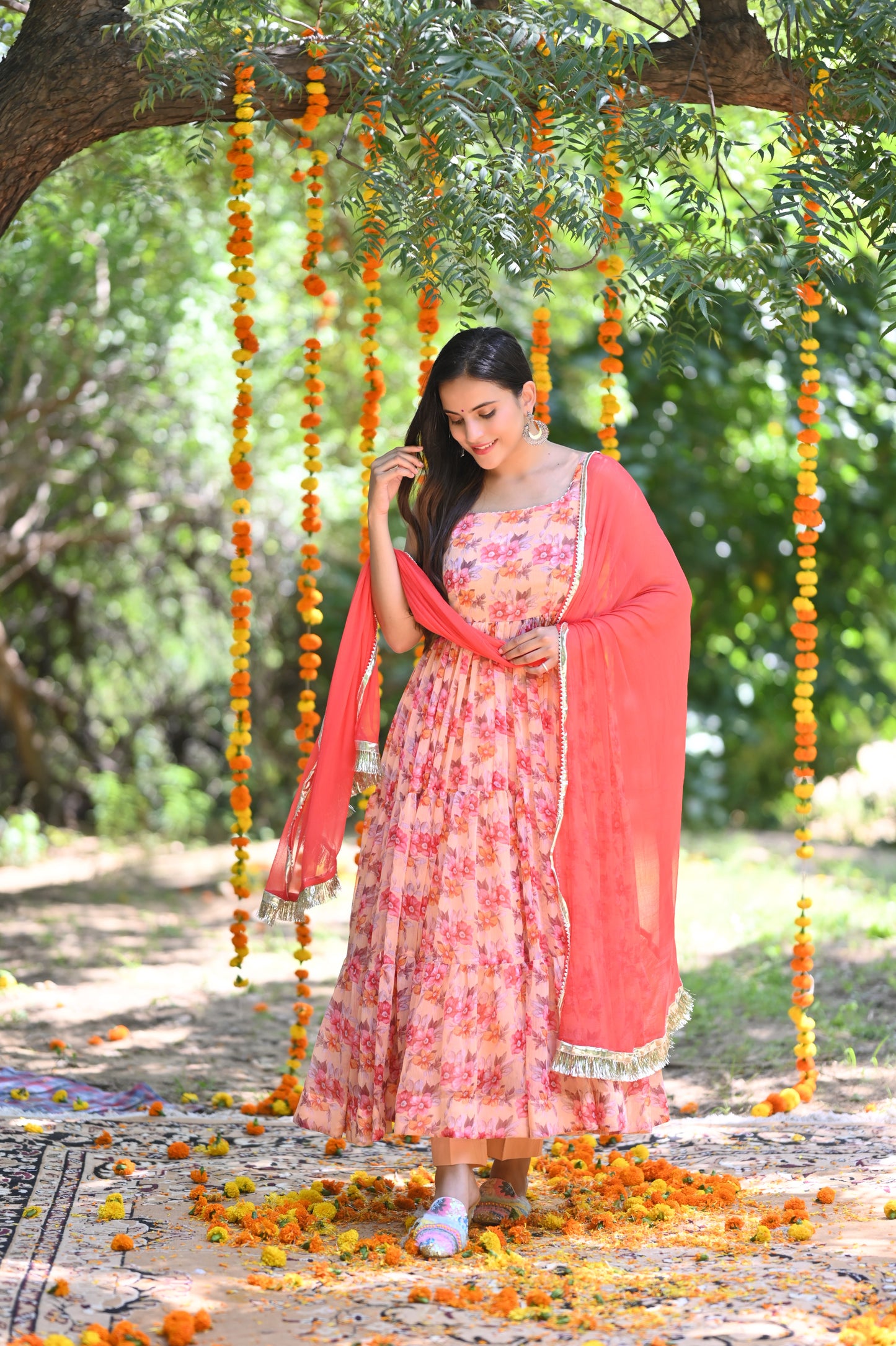 Peach floral Printed Anarkali