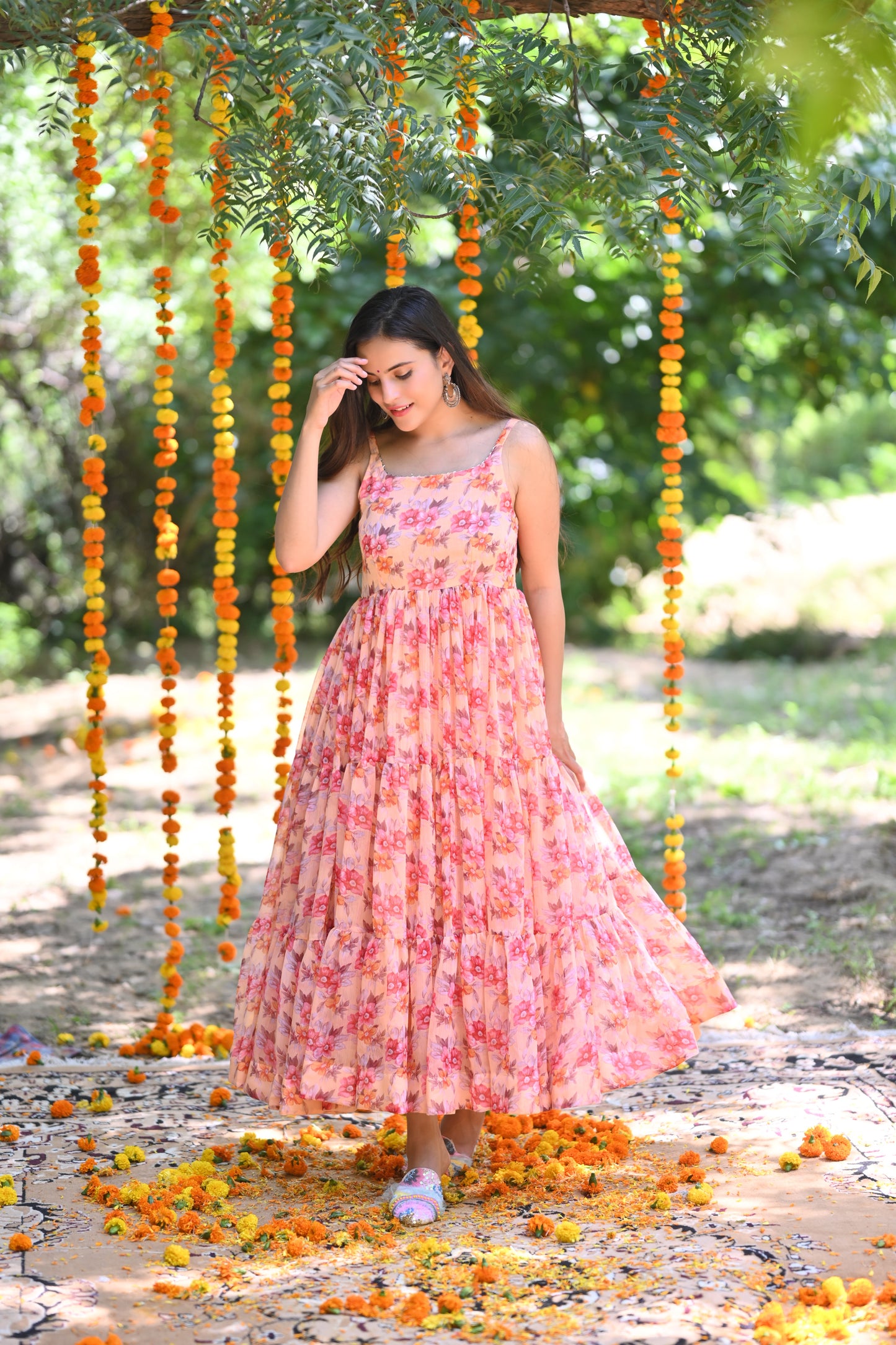 Peach floral Printed Anarkali